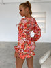 Figurbetontes Kleid mit Blume Muster, Knoten vorn, Ausschnitt, Rüschen