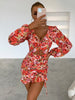 Figurbetontes Kleid mit Blume Muster, Knoten vorn, Ausschnitt, Rüschen