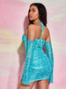 Figurbetontes Kleid mit Rüschen, Kreuzgurt auf Rücken, Volant Ärmeln, Mesh