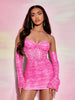 Figurbetontes Kleid mit Rüschen, Kreuzgurt auf Rücken, Volant Ärmeln, Mesh
