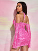Figurbetontes Kleid mit Rüschen, Kreuzgurt auf Rücken, Volant Ärmeln, Mesh